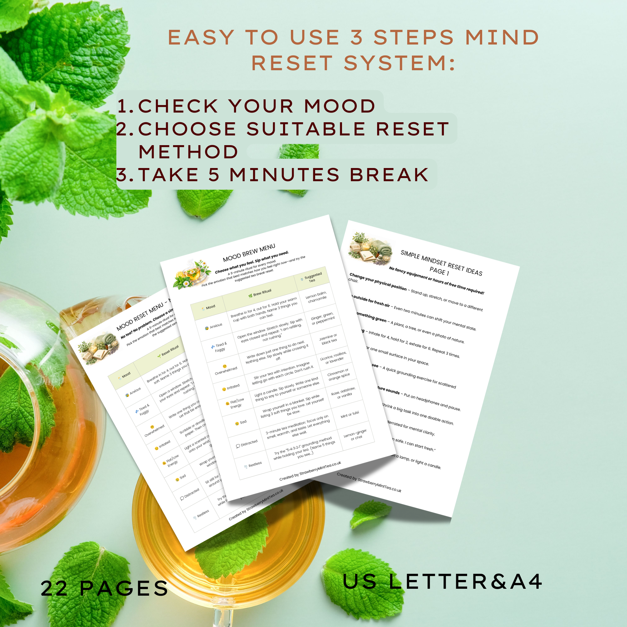 Tea Break Mindset Reset Printable Kit | Self-Care Journal, Mood Tracker, Habit Tracker, Mindfulness Worksheets, Emotional Wellness Planner PLR - Image 2