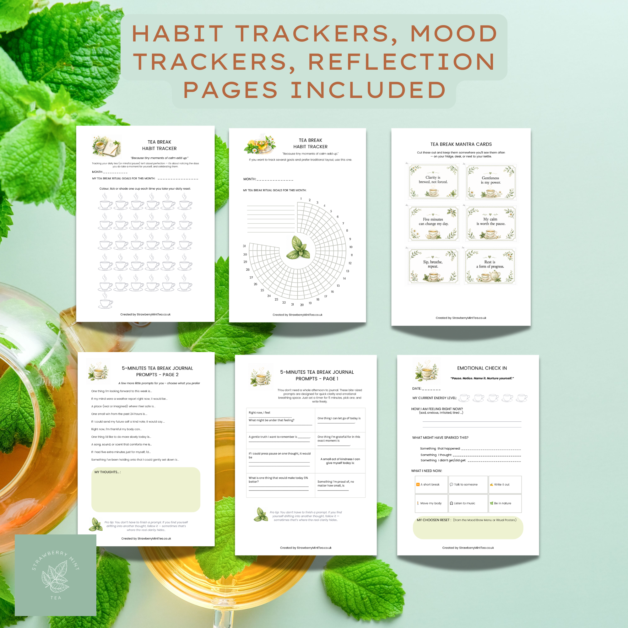 Tea Break Mindset Reset Printable Kit | Self-Care Journal, Mood Tracker, Habit Tracker, Mindfulness Worksheets, Emotional Wellness Planner PLR - Image 6