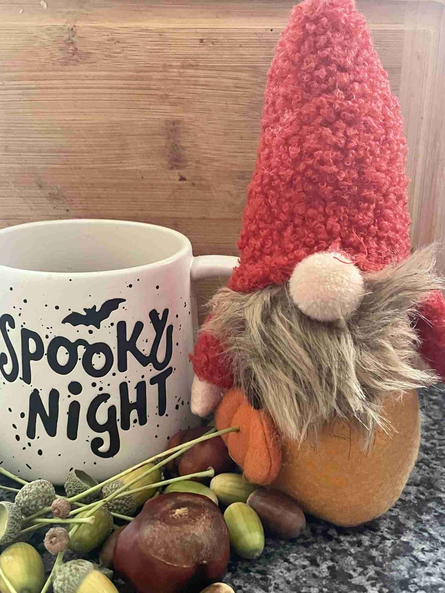 Spooky night mug, ancorns and a gonk
