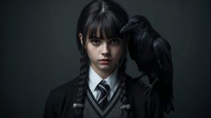 Moody teen girl with a raven on her shoulder
