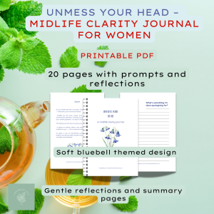 Unmess Your Head: Midlife Clarity Journal for Women | 20-Page Printable Self-Reflection Workbook | Bluebell Themed Mindfulness & Self-Care Journal PDF