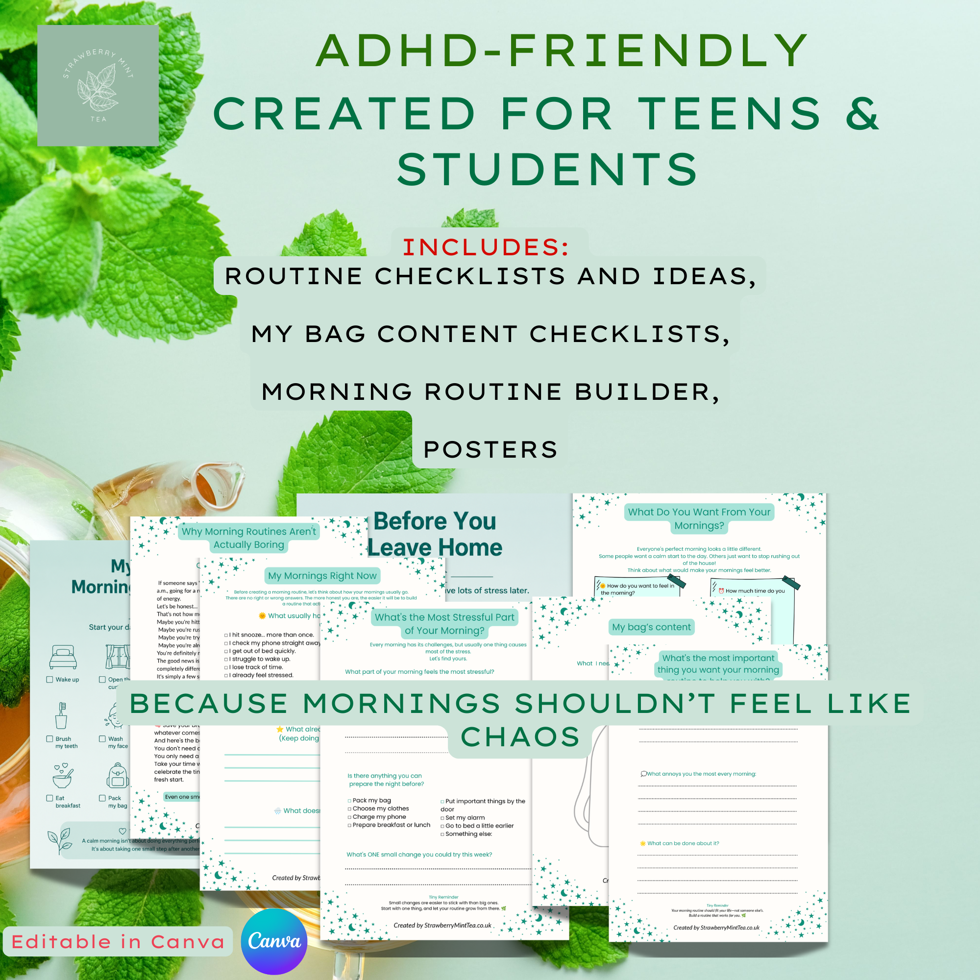 Calm Morning Planner for Teens& Students PLR — ADHD‑Friendly Morning Routine Kit, Editable template - Image 2