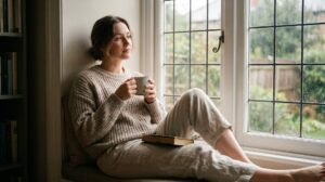 Woman sitting on a window seat with the mug